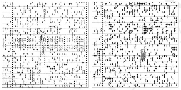 Weitere Wow-Signale: Zwei Schmalband-Signale in den Ohio-SETI-Daten aus dem Januar 1978, bezeichnet als Wow2 (l.) und Wow3 (r.). Diese Signale ähneln dem ursprünglichen Wow!-Signal, weisen jedoch eine deutlich geringere Intensität auf und stammen aus anderen Himmelsregionen. Sie wurden hier vom Ohio-SETI-Team identifiziert und markiert.Quelle: Méndez et al., ArXiv.org 2025