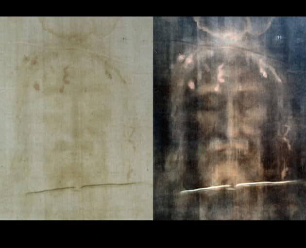 Kopfpartie den Turiner Grabtuchs im Original (l.) und in der negativen Invertierung (r.). Copyright: Dianelos Georgoudis/Taylor & Francis