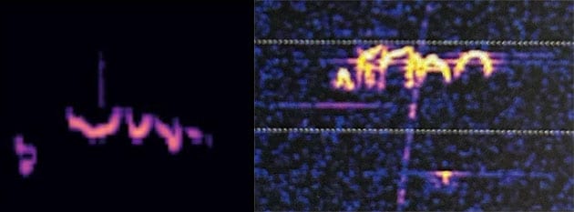 Vergleich zwischen der Passiv-Radar-Detektion von Friesenheim (l.) und dem Passiv-Radarbild einer Meteoritenwolke (r.).Quelle/Copyright: GEP/JUFOF/Roche Hervé