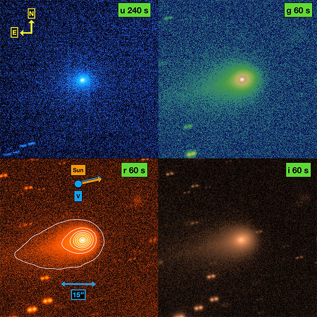 Die Aufnahmen des Gemini South Observatory vom 27. August 2025 wurden in den Spektralbändern u (oben links), g (oben rechts), r (unten links) und i (unten rechts) gemacht, die auf Wellenlängen von 0,365, 0,467, 0,616 und 0,747 Mikrometern zentriert sind. Sie zeigen deutliche Hinweise auf einen tropfenförmigen Schweif.Copyrright: B. Bolin et al. 2025