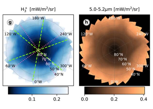 Ein rätselhafter verstümmelter Sechsstern erstreckt sich aus der Nordpolregion bis in die subäquatorialen des Saturn. Copyright: Tom S. Stallard et al., Geophysical Research Letters 2025