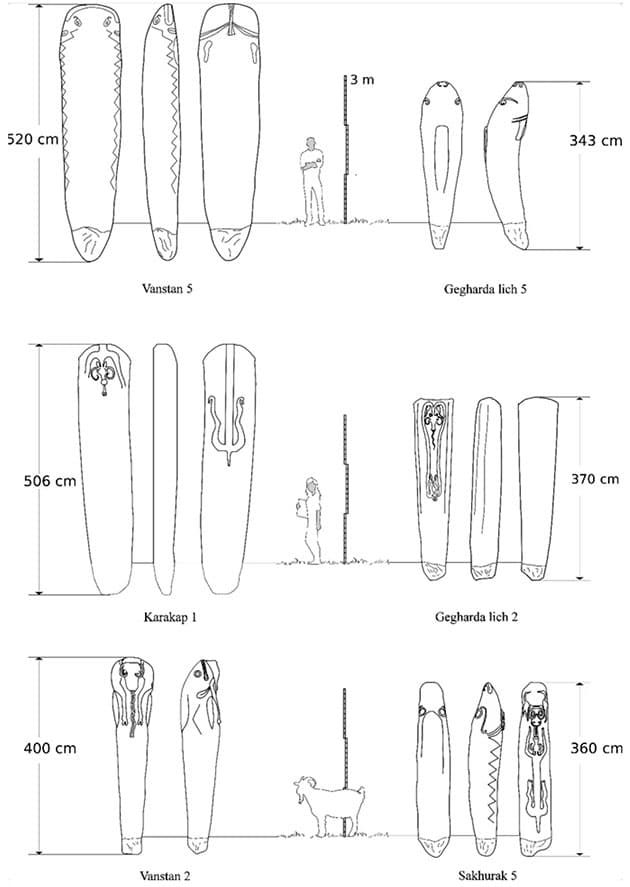 Die Typologie der Vishaps: Piscis, Vellus und Hybrida (Illu.).Quelle: “Vishap” Project, A. Gilibert / Gurzadyan u. Bobokhyan, npj Herit. Sci. 2025