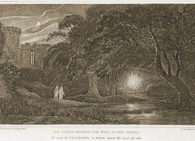 Historischer Druck zeigt das auch als „Ignis fatuus“ bezeichnete Irrlicht, hier anhand einer Sichtungsschilderung 1811 in Lincolnshire.