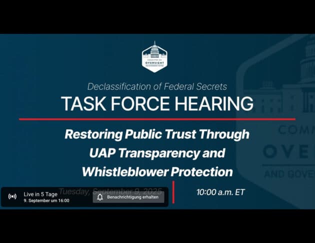 Ankündigungen der UFO-Anhörung am US-Kongress am 9. September 2025 Copyright: oversight.house.gov