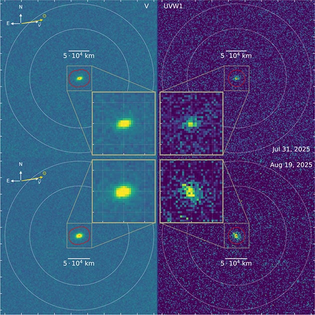 Das NASA-Weltraumteleskop Swift beobachtete den interstellaren Kometen 3I/ATLAS im Juli und August 2025 mit seinem Ultraviolett/Optischen Teleskop (UVOT). Die Aufnahmen zeigen sichtbares Licht und ultraviolette Strahlung, wobei der schwache OH-Schleier Wasserdampf markiert, der aus dem Kometen entweicht. Die Bilder bestehen aus Dutzenden kurzer Belichtungen, die zu Gesamtbelichtungszeiten von rund 42 Minuten im sichtbaren und 2,3 Stunden im UV-Bereich kombiniert wurden. Durch seine Position oberhalb der Erdatmosphäre konnte Swift ultraviolette Emissionen erfassen, die vom Boden aus unsichtbar bleiben.Copyright/Quelle: Dennis Bodewits, Auburn University