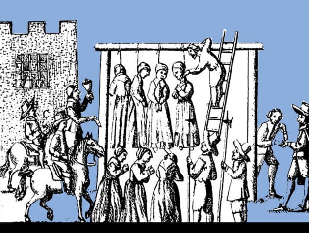 Historische Darstellung der Hinrichtung von angeblichen Hexen in England, um 1655. Copyright: Gemeinfrei