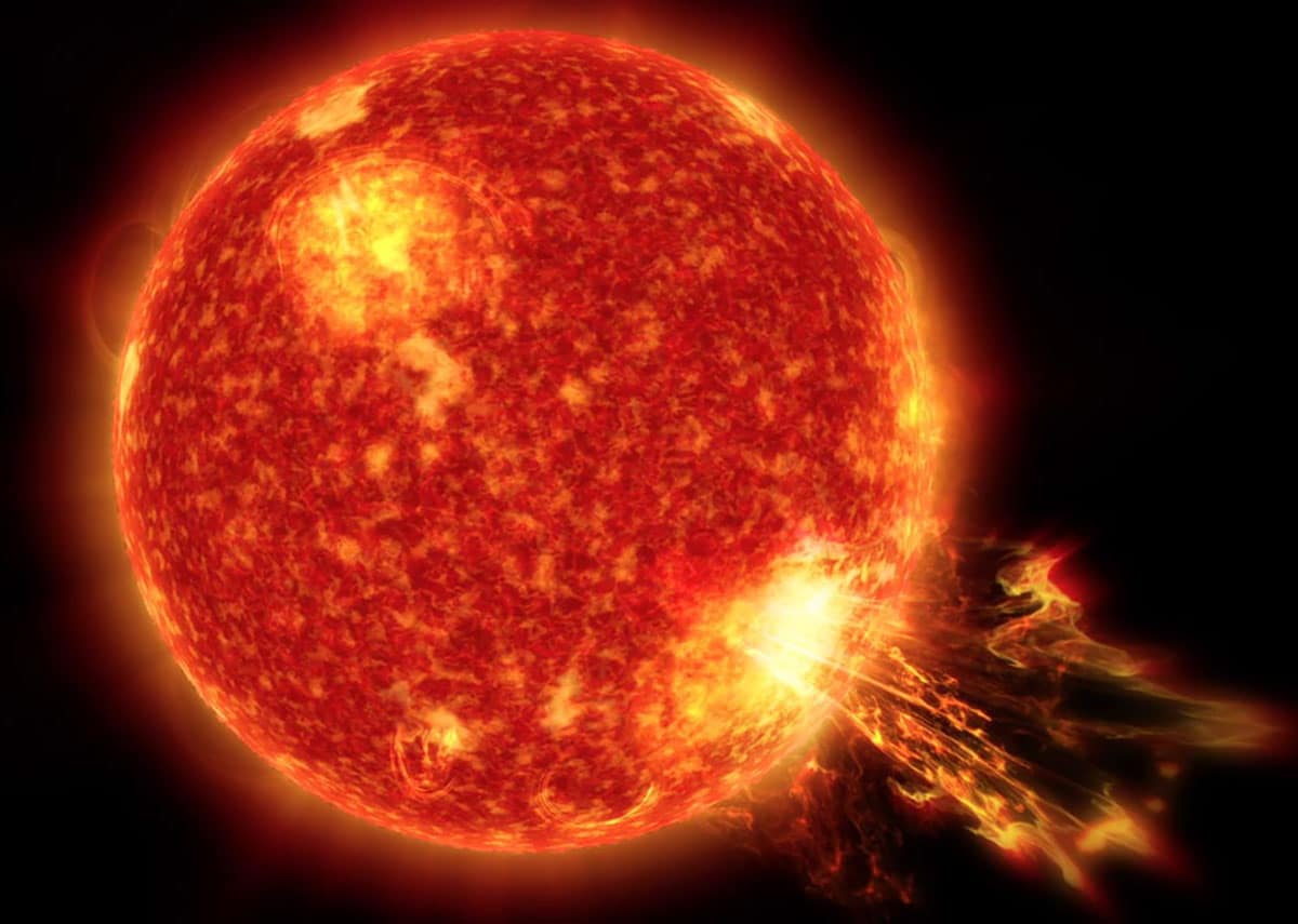 Symbolbild: Gewaltiger Sonnensturm (Illu.).Copyright/Quelle: Goddard Space Flight Center (NASA)/Genna Duberstein