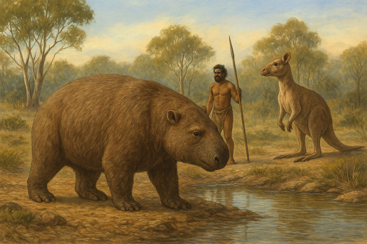 Grafische Darstellung der australischen Megafauna am Beispiel eines Riesenkängurus (Sthenurine) und eines Beuteltiers (Zygomaturus trilobus) im vergleich zu einem Menschen (Illu.).Copyright: grewi.de (mit KI erstellt)