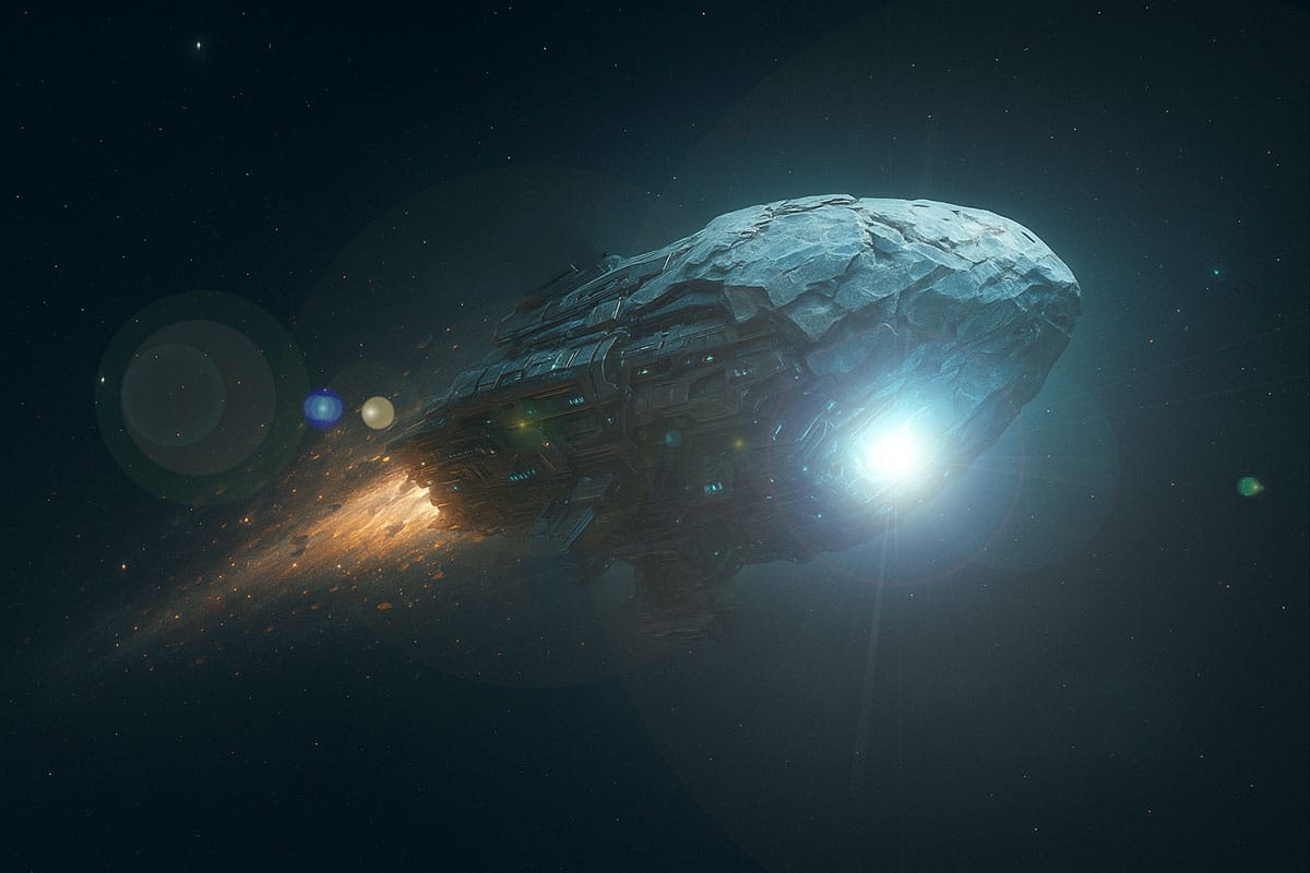 Künstlerische Darstellung der Kontroverse um die Frage nach der Natur des interstellaren Objekts „3I/Atlas“ (Illu.).Copyright: grewi.de (KI erstellt)