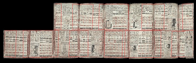 Finsternistafeln des Dresdner Kodex: Die gestrichelten Kästen umschließen die Abfolgen von jeweils sechs (einmal sieben) sogenannten „beabsichtigten“ Stationen. Die Stationen zwischen zwei aufeinanderfolgenden gestrichelten Kästen stellen hingegen „konstruierte“ Stationen dar. Die ersten beiden Stationen oben links besitzen keine gestrichelte Vertikallinie auf der linken Seite, da vier beabsichtigte Stationen der ersten Finsternis-Station der Tafel vorausgegangen wären. Die letzten vier Stationen unten rechts haben keine gestrichelte Vertikallinie auf der rechten Seite, weil zwei beabsichtigte Stationen auf sie folgen würden. Die gestrichelten Linien bilden also Rechtecke, die jeweils eine Serie aufeinanderfolgender beabsichtigter Stationen umschließen. Zwischen zwei solchen Rechtecken erscheint in der Regel eine Illustration – oberhalb nicht-kalenderbezogener glyphischer Passagen, die keine Ziffern enthalten – oder unmittelbar vor der letzten Kalender-Spalte innerhalb eines Rechtecks. (Klicken Sie auf die Bildmitte, um zu einer vergrößerten Darstellung zu gelangen.)Quelle: Justeson u. Lowry, Science Advances 2025