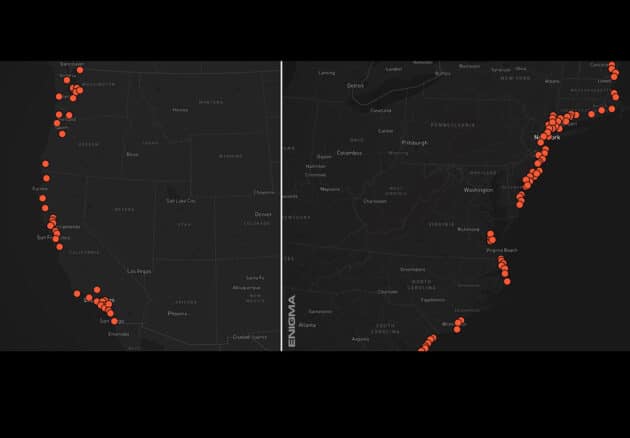 Infografik zu den UFO/USO-Sichtungsmeldungen an die Enigma-App mit Bezug zu den US-Küsten. Copyright: EnigmaLab.io