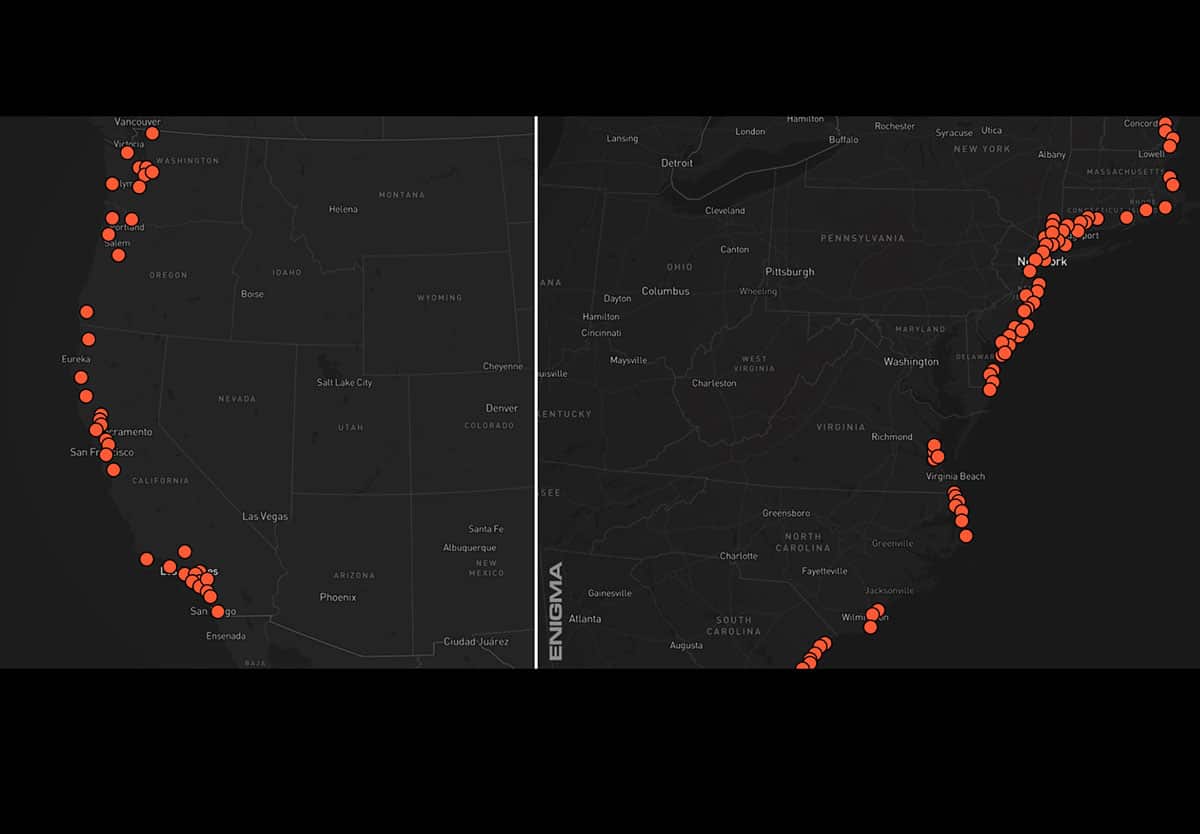 Infografik zu den UFO/USO-Sichtungsmeldungen an die Enigma-App mit Bezug zu den US-Küsten.Copyright: EnigmaLab.io
