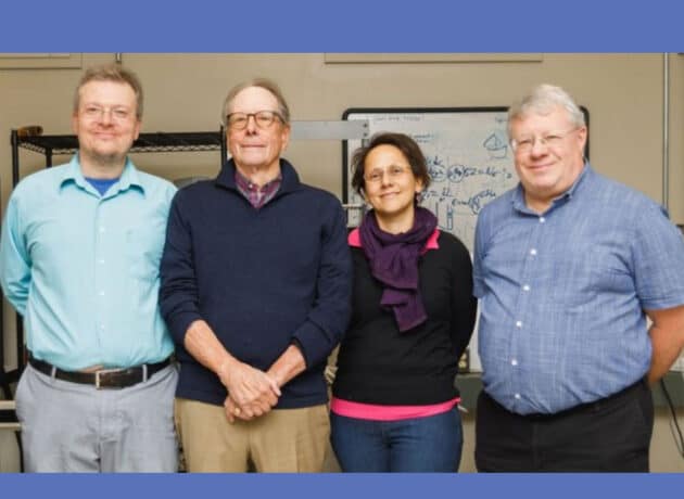UFO-Forschende und Förderer an der University at Albany: Prof. Matthew Szydagis (l.), Förderer Tony Gorman, Cecilia Levy und Prof. Kevin Knuth (r.). Copyright/Quelle: UAlbany, Zach Durocher