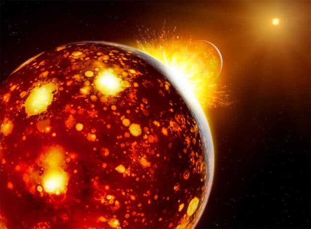 Künstlerische Darstellung des Zusammenstoßes der frühen Erde mit Theia (Illu.) Copyright: MPS / Mark A. Garlick