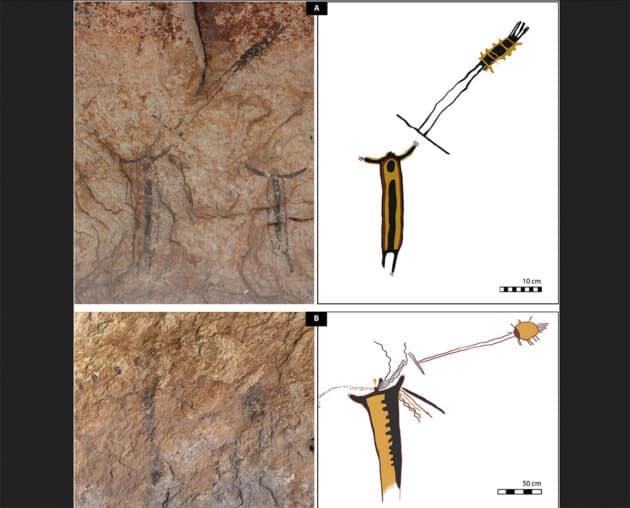 Anthropomorphe Darstellungen von Figuren mit sogenannten „Power-Bundle“, hier zwei der ältesten Darstellungen dieser Art. Quelle: Steelman et al., Science Advances 11, eadx7205; Carolyn E. Boyd (Illus.)