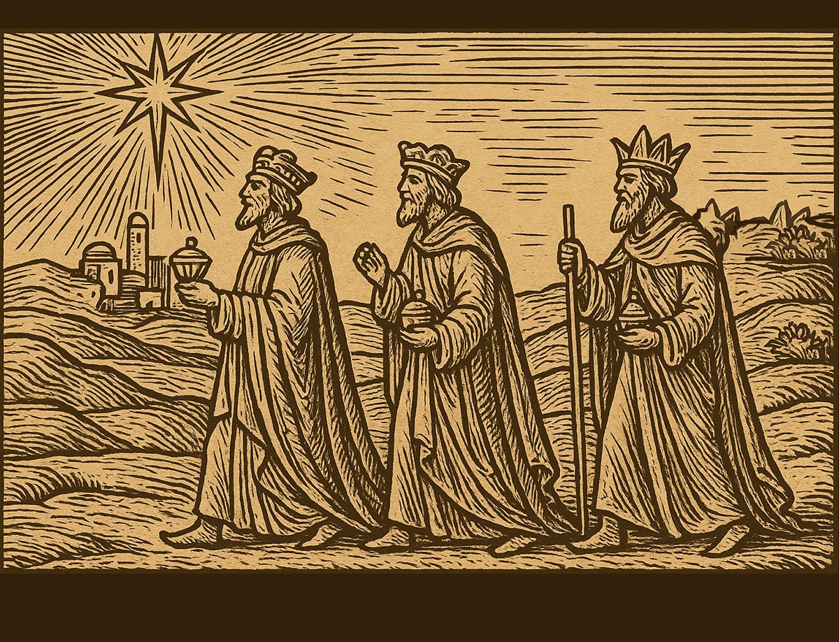 Die drei Weisen aus dem Morgenland folgen dem Stern gen Bethlehem (Illu.).Quelle: grewi.de (mit KI erstellt)