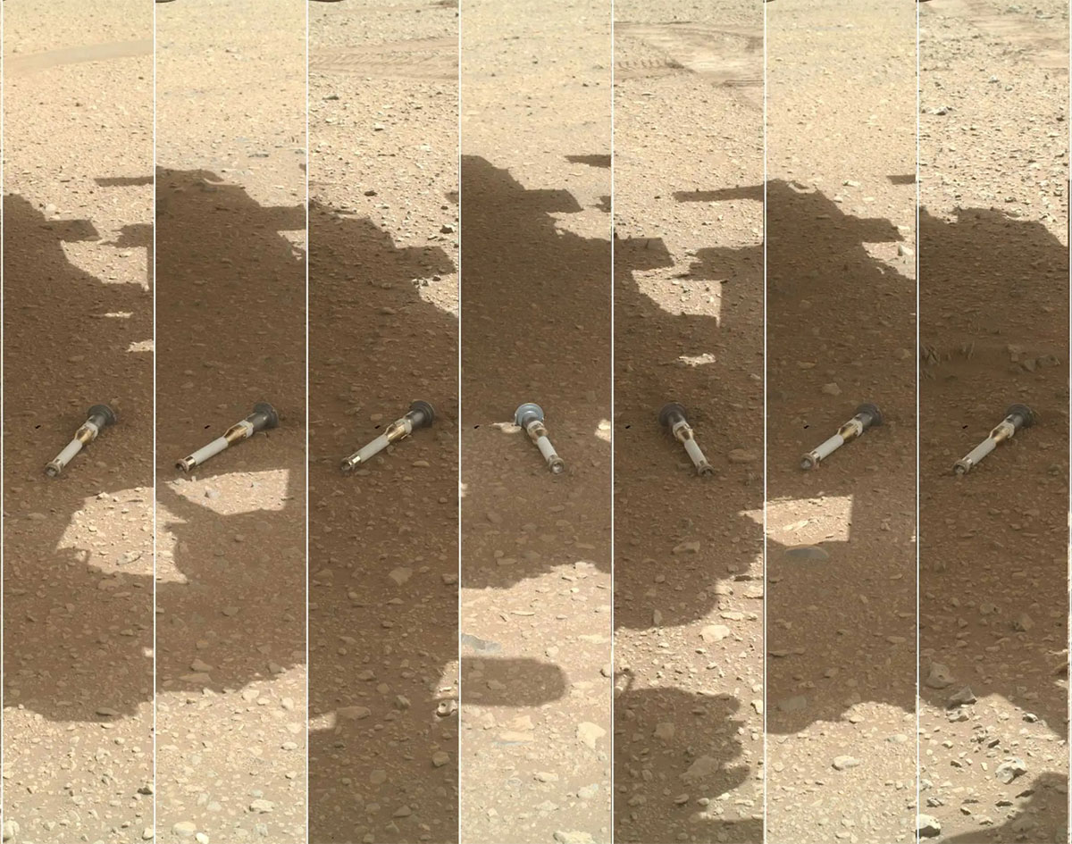 Eine Auswahl der bereits vom NASA-Rover „Perseverance“ auf dem Mars deponierten Bodenproben.Copyright: NASA