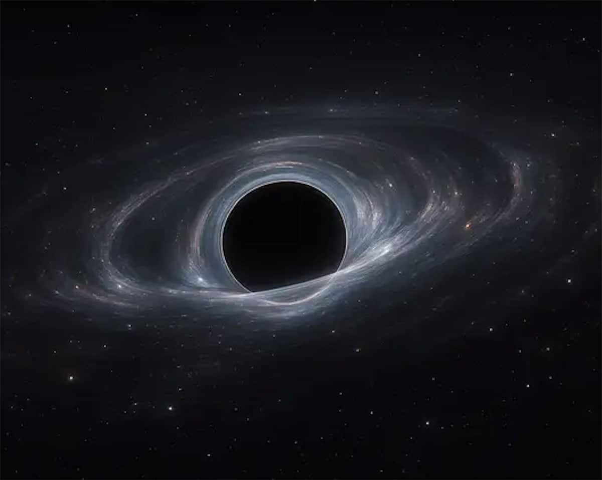 Grafische Darstellung der Dateninterpretation für ein Objekt, das ein Schwarzes Loch mit einer Masse von etwa 300.000 Mal der Masse unserer Sonne und eine ausgedehnte dunkle Scheibe mit noch mehr Masse umfasst.Copyright/Quelle: MPA (KI-generiert mit ChatGPT)