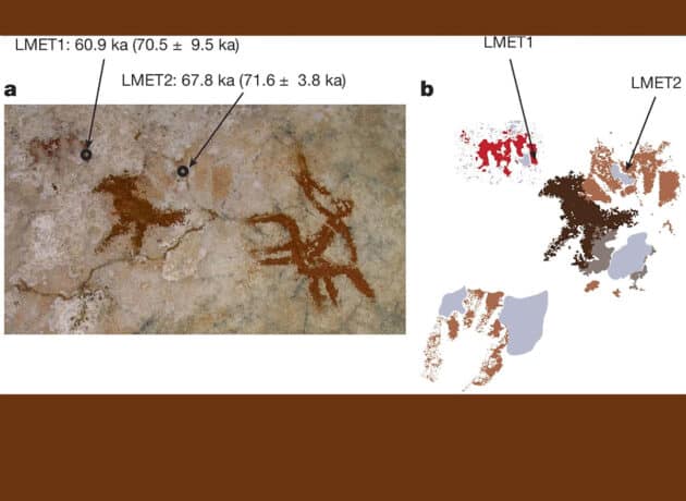 Auf den ersten Blick kaum sichtbar, überdecken jüngere und deutlichere Felsbilder die darunterliegenden Handschablonen. Copyright/Quelle: Aubert et al. / Nature 2026 (DOI: 10.1038/s41586-025-09968-y)