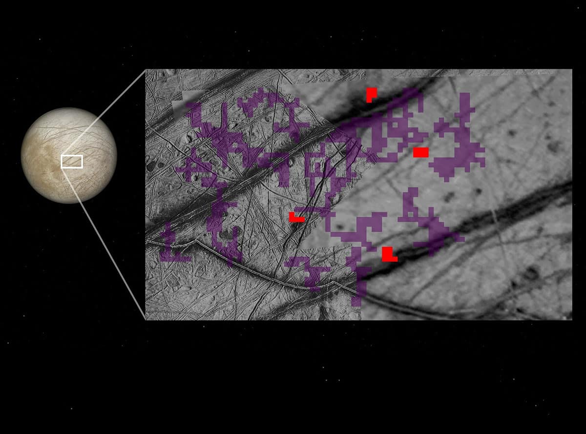 Rote Pixel markieren Stellen auf Europas Oberfläche, an denen die Raumsonde Galileo ammoniakhaltige Verbindungen nachgewiesen hat. Violett kennzeichnet Bereiche ohne entsprechende Spuren.Quelle: NASA/JPL-Caltech