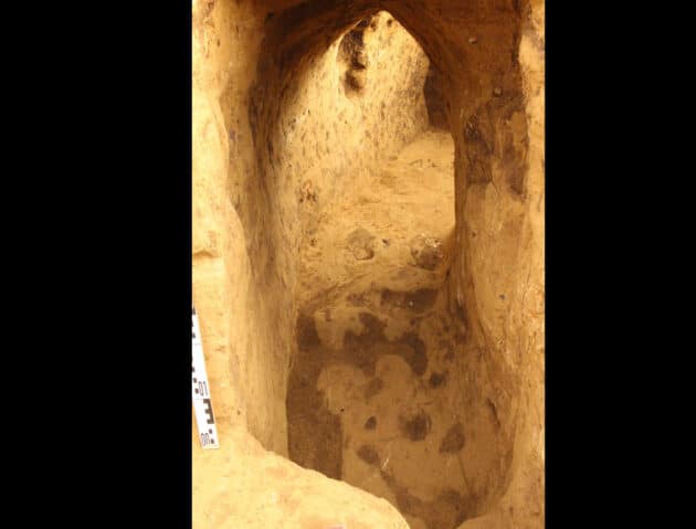 Vollständig freigelegter Gang des Erdstalls mit Spitzgiebel und kleiner Nische in der Wandung. Ganghöhe um einen Meter, Breite 50 bis 70 Zentimeter. Copyright/Quelle: Landesamt für Denkmalpflege und Archäologie Sachsen-Anhalt, Ulf Petzschmann.