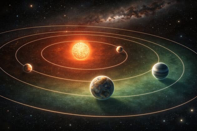 Freie grafische Darstellung des Planetensystems um den roten Zwergstern „GJ 887“ (Illu.). Copyright: grewi.de (KI erstellt).