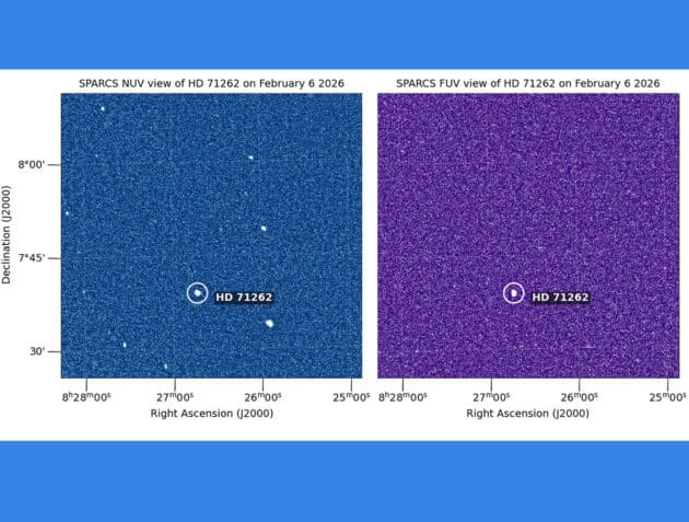 Erste-Aufnahmen des SPARCS-Satelliten zeigen Sterne, die am 6. Februar 2026 gleichzeitig im nahen (links) und im fernen Ultraviolett (rechts) beobachtet wurden. Dass im fernen UV nur ein Stern sichtbar ist, während im nahen UV mehrere erscheinen, liefert Hinweise auf die Temperaturen dieser Sterne: Der Stern, der in beiden Wellenlängenbereichen zu sehen ist, ist der heißeste. Quelle/Copyright: NASA/JPL-Caltech/ASU