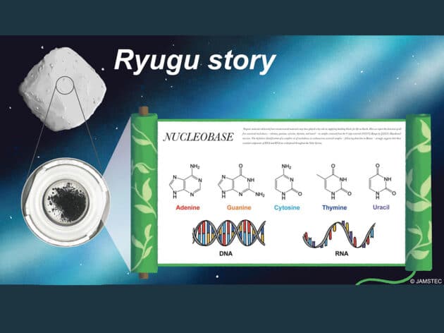 Schaubild zum Nachweis aller fünf Basenmoleküle der Erbmoleküle auf dem Asteroiden Ryugu (Illu.) JAMSTEC