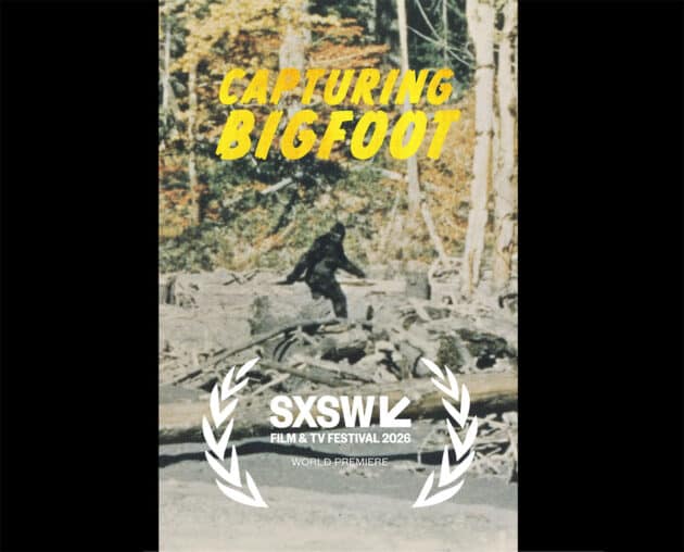 Das Filmplakat zur neuen Doku "capturing Bigfoot" zeigt die wohl berühmteste Bigfoot-Filmszene: ein Standbild aus dem sog. Patterson-Gimlin-Film von 1967.