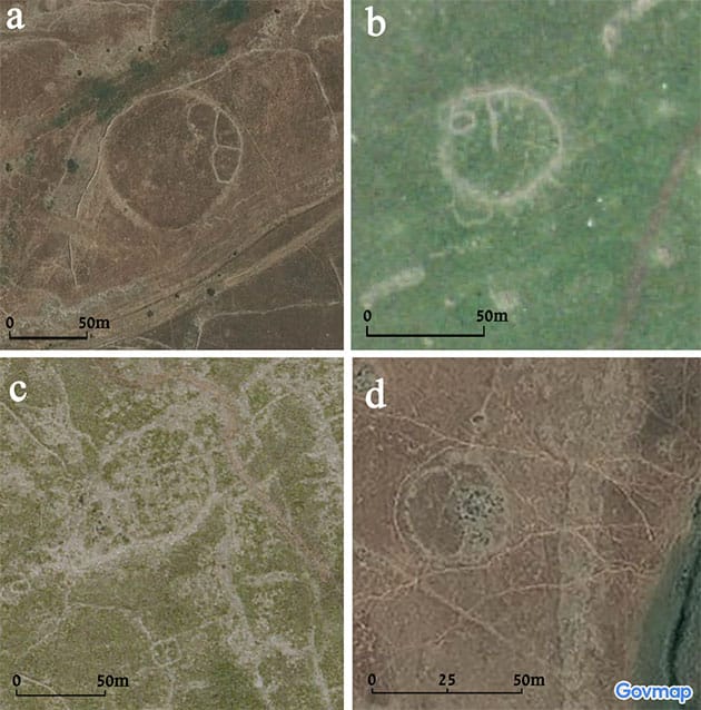 Weitere Beispiele der Reste einstiger Kreisanlagen in der Region, hier die Kreise 15, 29, 19 und 28.Quelle: Aerial imagery provided by the survey of Israel (MAPI)- used with permission. Created by M. Birkenfeld and U. Berger.