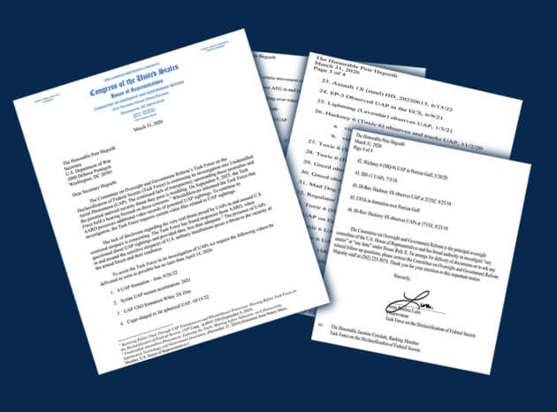 In einem offiziellen Schreiben fordert die Abgeordnete Anna Paulina Luna von US-Kriegsminister Pete Hegseth die Deklassifizierung von Informationen, Foto- und Filmmaterial zu 46 angeblichen UFO-Sichtungen und -Detektionen durch US-Militärs. Copyright: US Congress