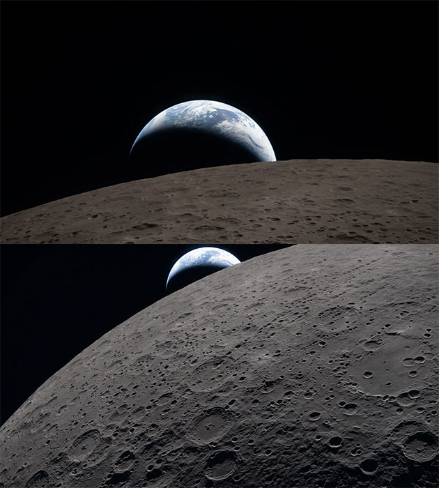 Die „Erdmurmel“ erscheint a, 6. April 2026 über dem Rand des Mondes.Copyright: NASA