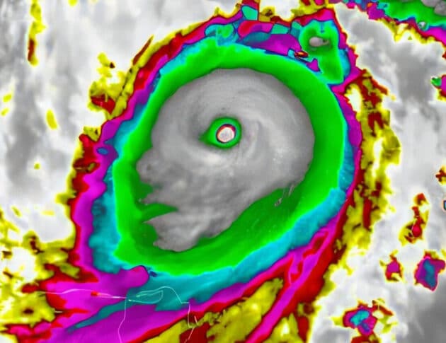 In einer Satellitenaufnahme des Hurricanes Milton (2024) glaubten zahlreiche Betrachter die Profilansicht eines Kopfes oder Schädels zu erkennen. Copyright/Quelle: Weather Underground / University of New South Wales