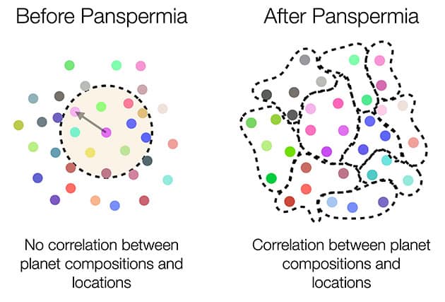 Wenn sich Leben auf andere Planeten ausbreiten und diese „terraformen“ kann, ist zu erwarten, dass sich Zusammenhänge zwischen den Positionen von Planeten und ihren beobachtbaren Eigenschaften (etwa der atmosphärischen Zusammensetzung) zeigen: Links ist ein Szenario dargestellt, in dem Planeten (farbige Punkte) keine Korrelation zwischen ihrer Lage und ihren Eigenschaften (durch Farben dargestellt) aufweisen. Entsteht jedoch Leben, das sich durch Panspermie verbreiten und Planeten verändern kann, treten solche Korrelationen auf (erkennbar an gestrichelten Linien, die Gruppen ähnlicher Farben verbinden). Im Modell wählt Leben sein Ziel, indem es innerhalb einer maximalen Distanz (links durch einen gestrichelten Kreis dargestellt) den Planeten mit der ähnlichsten Zusammensetzung „ansteuert“.Copyright: Harrison B. Smith