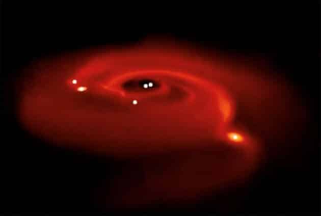 Grafische Simulation der Planetenentstehung um zwei Sterne (Illu.) Copyright: Teasdale, Stamatellos, MNRAS 2026