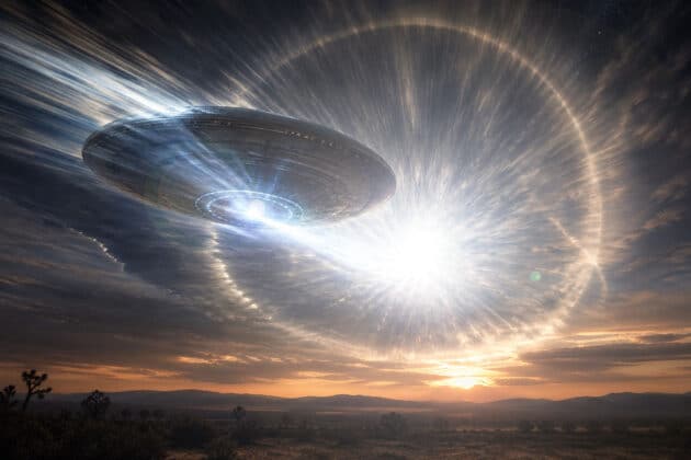 Grafische Darstellung der atmosphärischen Effekte, die ein UFO mit Warp-Antrieb innerhalb der Erdatmosphäre erzeugen würde (Illu). Copyright: GreWi.de (KI erstellt)