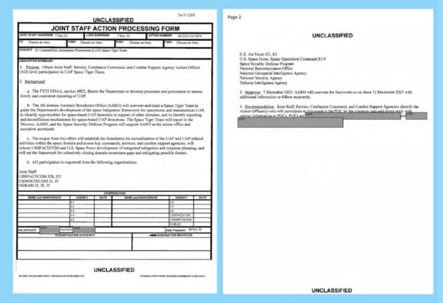 Die beiden Originalseiten des „Joint Staff Action Processing Form“-Dokuments zur Bildung eines „UAP Space Tiger Team“ unter Führung der US-UAP-Untersuchungsbehörde AARO. Quelle: TheBlackVault.com/AARO/US Gov.