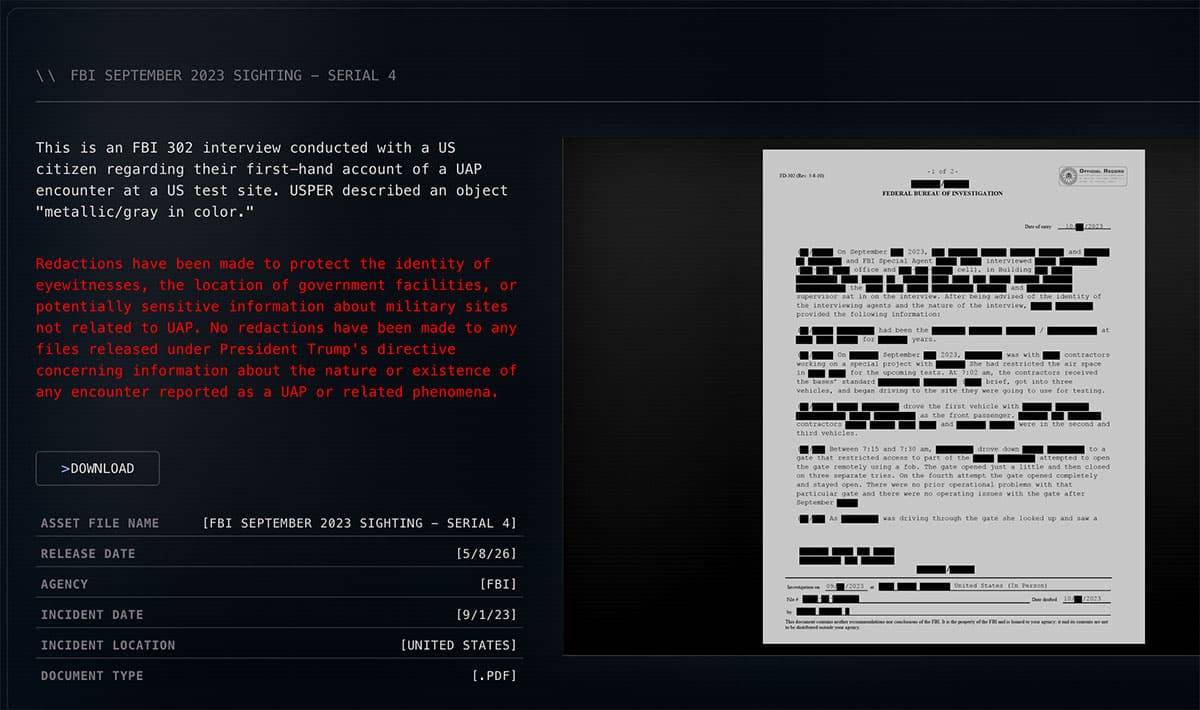 PURSUE-Screenshot Stark geschwärzte Seite aus einem FBI-Bericht.Copyright/Quelle: DOW, www.war.gov/UFO