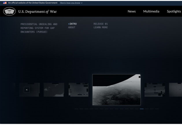 Screenshot der Startseite des “Presidential Unsealing and Reporting System for UAP Encounters” (PERSUE) den US-Kriegsministeriums. Copyright/Quelle: DOW, www.war.gov/UFO