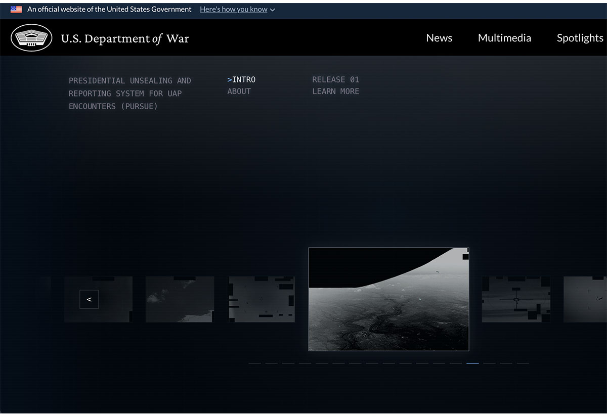 Screenshot der Startseite des “Presidential Unsealing and Reporting System for UAP Encounters” (PERSUE) den US-Kriegsministeriums.Copyright/Quelle: DOW, www.war.gov/UFO