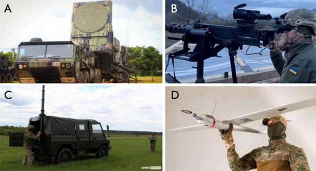 Abbildung 2: Beispiele lokaler und individueller technischer Systeme, die in der Ukraine zur ASD-Überwachung für militärische Zwecke verwendet werden: (a) „Patriot“-Luftabwehrradar; (b) Wärmebild-Überwachungssystem; (c) Einsatz eines UAV-Überwachungskomplexes; (d) spezielles Aufklärungs-UAV.