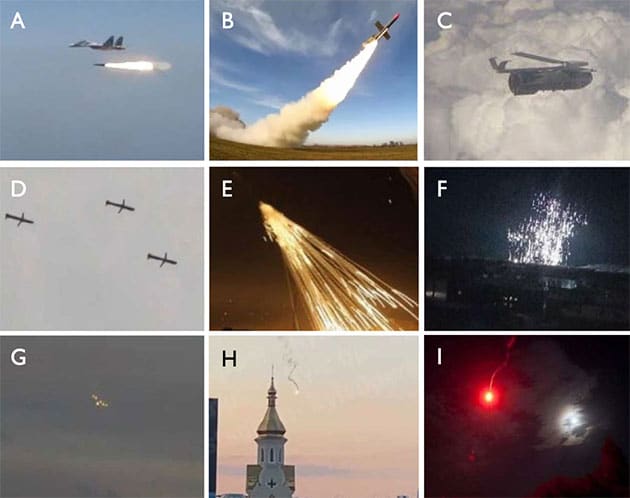 Abbildung 5 veranschaulicht eine Reihe von Effekten beim Start, Flug und der Explosion von Raketen und Gleitbomben, die dazu führen können, dass AOP in der Phase der primären Identifizierung als unidentifiziert eingestuft werden, da sie insbesondere aus der Entfernung oft ungewöhnlich erscheinen. Abbildung 5: (a) luftgestützte Rakete; (b) bodengestützte Rakete; (c) Gleitbombe; (d) Marschflugkörper im Gruppenflug; (e) Zündladung (russisch); (f) Phosphorladung (russisch); (g) Leuchtbomben; (h, i) Signalraketen.