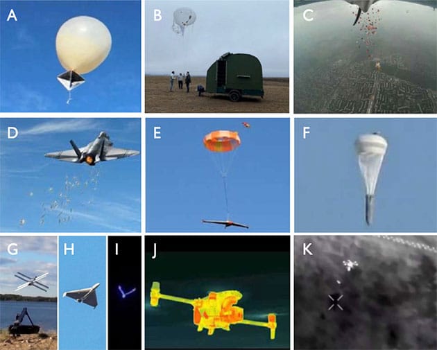Abbildung 6 zeigt eine Reihe von Objekten, Ballons und Drohnen, die dazu führen können, dass AOP in der Phase der primären Identifizierung als unidentifiziert eingestuft werden, da sie in geringer Höhe fliegen können und eine große Vielfalt an Lichteffekten erzeugen. Abbildung 6. (a) Ballon mit Reflektoren, als Täuschziel für Luftabwehrsysteme verwendet; (b) ukrainischer militärischer, fest verankerter Aufklärungsballon; (c) von einer UAV abgeworfene Flugblätter; (d) von einem Flugzeug abgeworfene Dipolreflektoren zur Störung von Radarsystemen; (e) Fallschirm zur UAV-Landung; (f) russische Bombe mit Fallschirm; (g) russische „Lancet“-Kampfdrohne; (h) „Shahed“-Kampfdrohne; (i) „Shahed“-Kampfdrohne mit Lichtern bei Nacht; (j, k) Wärmebilder von Quadrocoptern.