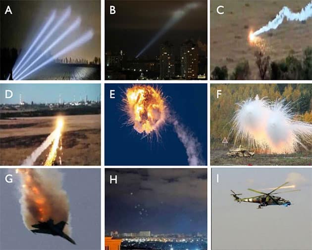 Abbildung 7 zeigt künstliche Licht-, Rauch- und Explosionseffekte, die dazu führen können, dass AOP in der Phase der primären Identifizierung als unidentifiziert eingestuft werden, da sie sich schnell bewegen und als helle Flammen oder Lichtquellen erscheinen können. Flugzeuge können zudem ohne Lichter in sehr niedriger Höhe fliegen, um der Entdeckung zu entgehen. Abbildung 7: (a, b) mobiles ukrainisches Militär-Feuerteam, das Suchscheinwerfer zur Erkennung von UAVs einsetzt; (c, d) UAV, das durch eine Thermit-Nutzlast getroffen wurde; (e) Feuerball durch eine Luftdetonation; (f) Rauchladungen; (g) Abschuss eines russischen Flugzeugs; (h) Mehrfachdetonationen von Flakgranaten; (i) Wärmefallen (Flares, die intensive Hitze abstrahlen, um infrarotgelenkte Raketen abzulenken), die von einem ukrainischen Hubschrauber abgefeuert werden.