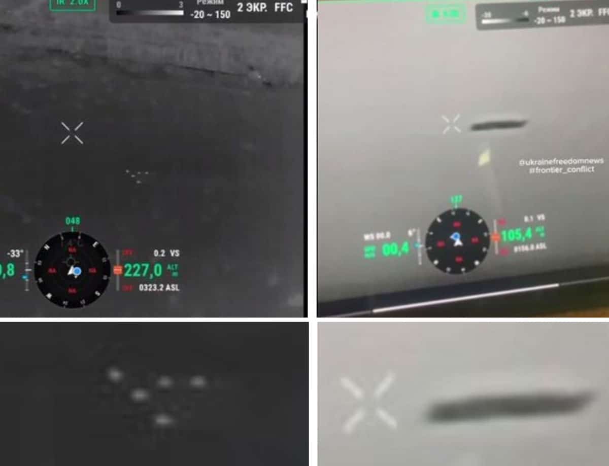 Abbildung 8: (a) zeigt eine keilförmige Formation von fünf kugelförmigen UFOs, aufgenommen von einer Mavic 3T-Drohne mit Wärmebildkamera in einer ukrainischen Kriegszone im Jahr 2024. Die Objekte folgten einer geraden Flugbahn und erzeugten keinen Lärm. Jedes Objekt hatte einen Durchmesser von etwa 1 Meter (m) und bewegte sich mit etwa 30 Metern pro Sekunde (m/s). Die abschließende Identifikationsanalyse klassifizierte die Objekte als UAP aufgrund von Anomaliefaktoren, darunter geringe Größe, ungewöhnliche Form, Gruppenformation, regelmäßige Gruppenformation, hohe Geschwindigkeit, gerade Flugbahn und geringe Flughöhe. Abbildung 8 (b) zeigt ein einzelnes schwebendes, flaches oder zigarrenförmiges unidentifiziertes Objekt, aufgenommen von der Wärmebildkamera eines Mavic 3T UAV in der ukrainischen Kriegszone im Jahr 2024. Es wurde kein Geräusch registriert. Der Durchmesser des Objekts betrug etwa 30 m. Die abschließende Identifikationsanalyse klassifizierte das Objekt als UAP aufgrund von Anomaliefaktoren, darunter große Größe, ungewöhnliche Form und Schweben.