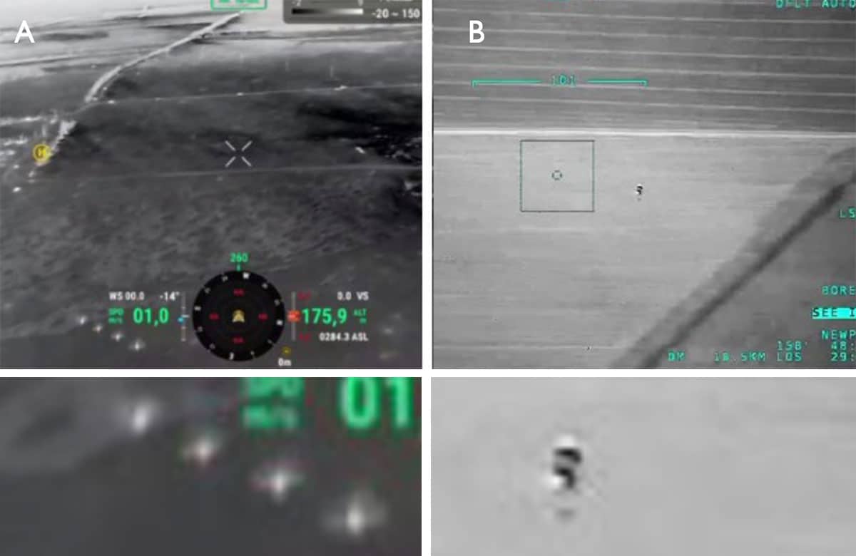 Abbildung 9 (a) zeigt eine lineare Formation von vier kugelförmigen UFOs, aufgenommen von der Wärmebildkamera einer Mavic 3T UAV in der ukrainischen Kriegszone im Jahr 2024. Jedes Objekt hatte einen Durchmesser von etwa 2 m und bewegte sich mit einer Geschwindigkeit von etwa 100 m/s. Die abschließende Identifikationsanalyse klassifizierte die Objekte als UAP aufgrund von Anomaliefaktoren, darunter geringe Größe, ungewöhnliche Form, Gruppenformation, hohe Geschwindigkeit, gerade Flugbahn und geringe Flughöhe. Abbildung 9 (b) zeigt ein einzelnes ultraschnelles, zigarrenförmiges vertikales unidentifiziertes Objekt, aufgenommen von der Wärmebildkamera einer Bayraktar-UAV in der Zentralukraine im Jahr 2023. Das Objekt folgte einer geraden Flugbahn und erzeugte keinen Lärm. Seine geschätzte Größe betrug weniger als 1 m, und seine Geschwindigkeit lag bei etwa 250 m/s. Die abschließende Identifikationsanalyse stufte das Objekt als UAP ein aufgrund von Anomaliefaktoren, darunter geringe Größe, ungewöhnliche Form und räumliche Ausrichtung, extrem hohe Geschwindigkeit, gerade Flugbahn und geringe Flughöhe.