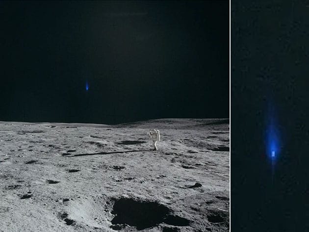 Diese Apollo-Aufnahme zeigt ein blaues Licht am Mondhimmel über der Landestelle.Quelle: NASA
