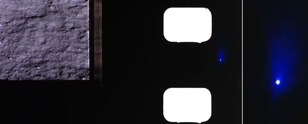 Ganz ähnliche Lichtpunkte finden sich aber auch jenseits des belichteten Bildausschnitts auf dem dem weiterhin fotosensiblen Filmrolle und sich hochstwahrscheinlich das Ergebnis kosmischer Strahlung.Quelle: NASA