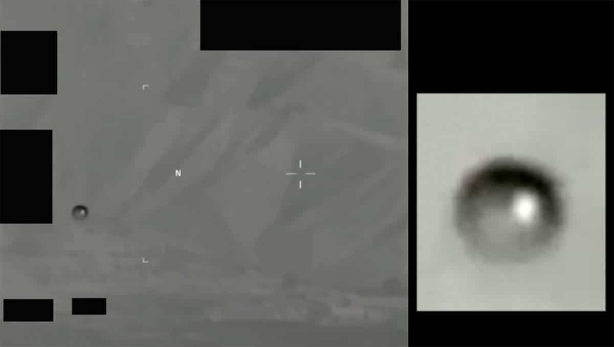 Standbild aus einem weiteren Video der zweiten Tranche. Es zeigt ein kugelförmiges Flugobjekt im Visier einer US-Aufklärungsdrohne. Leider sind auch hier die wichtigen und interessanten Telemetrie-Daten geschwärzt.Copyright: US Dept. of War (DOW/PURSUE)