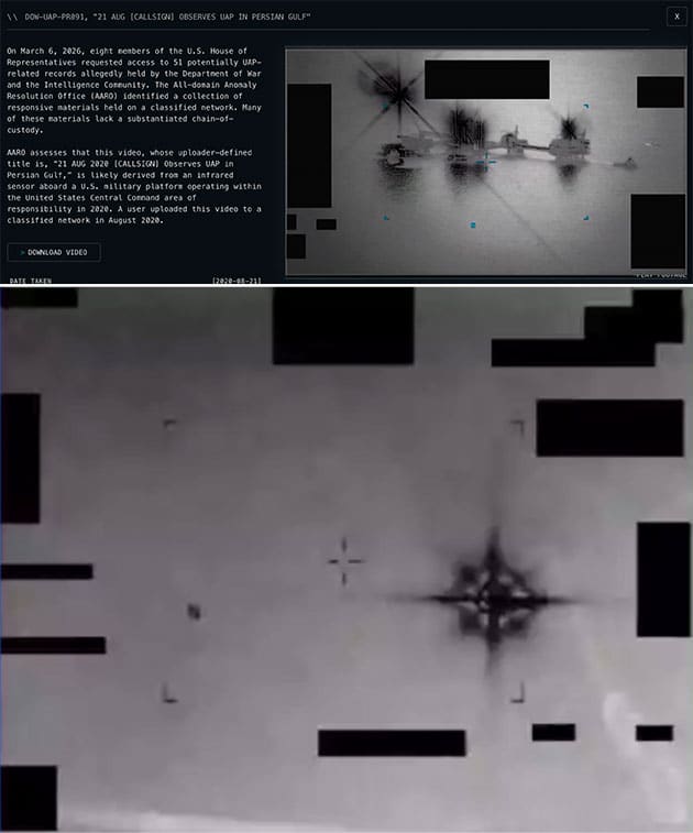 Vergleich der Aufnahme eines Blend-Effekts aus „Release 2“ (o.) mit dem sog. Kronleuchter-UFO, das schon in „Release 1“ (08.05.26) veröffentlicht wurde (u.).Quelle: DOW / US Gov.